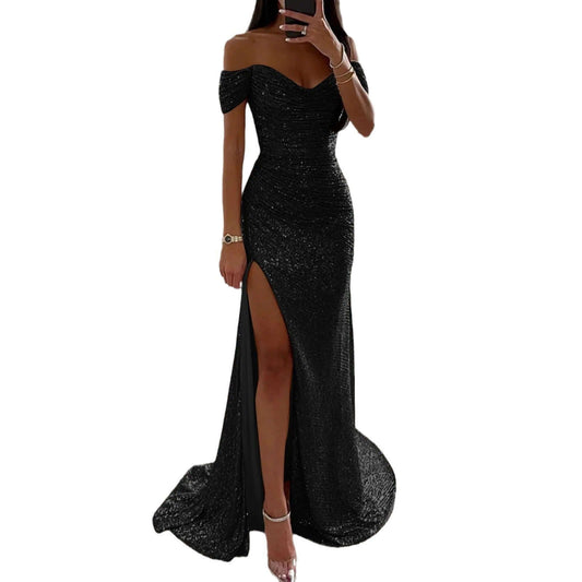 Elegant black sparkling slit maxi dress with off-shoulder design, perfect for evening events. Sizes from US 2 to 26W available.