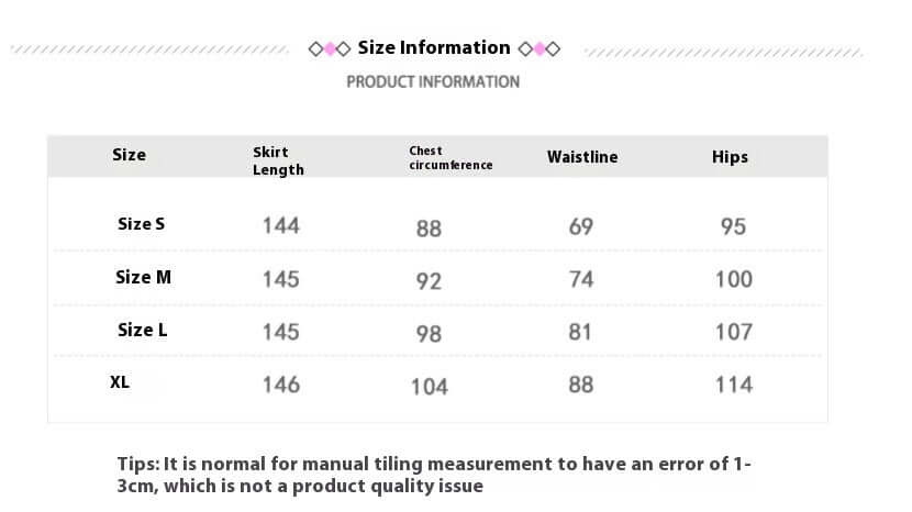 Size chart for Sparkly Mermaid Prom Dress, detailing skirt length, chest, waistline, and hips measurements for sizes S to XL.