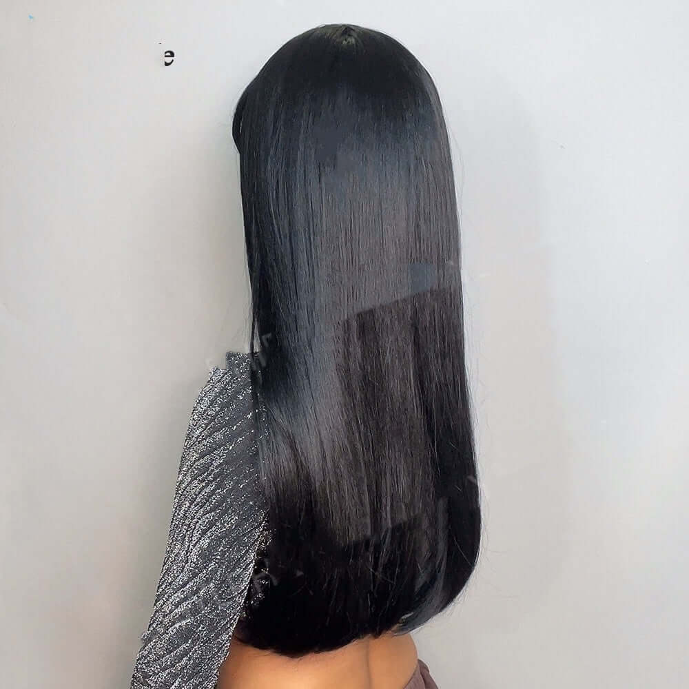 Straight long wig in elegant black color, featuring high-temperature silk for a natural look and versatile styling.