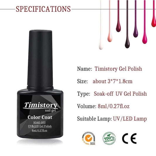 Timistory Gel Polish with specifications, highlighting 8ml volume, soak-off UV/LED use, and organic certification.