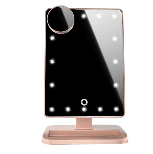 Touch Screen Vanity Mirror with Bluetooth speaker, featuring LED lights, magnification, and modern design for enhanced makeup application.