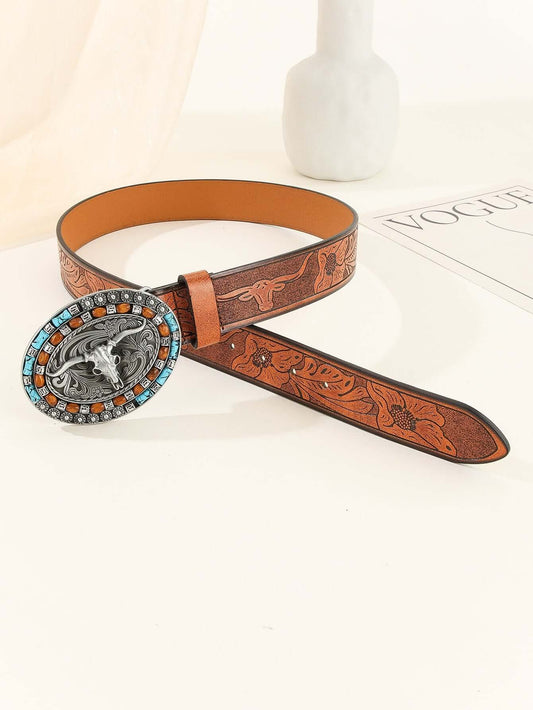 Vintage Cowboy Belt featuring intricate leather design and detailed silver buckle, perfect for western-themed outfits.
