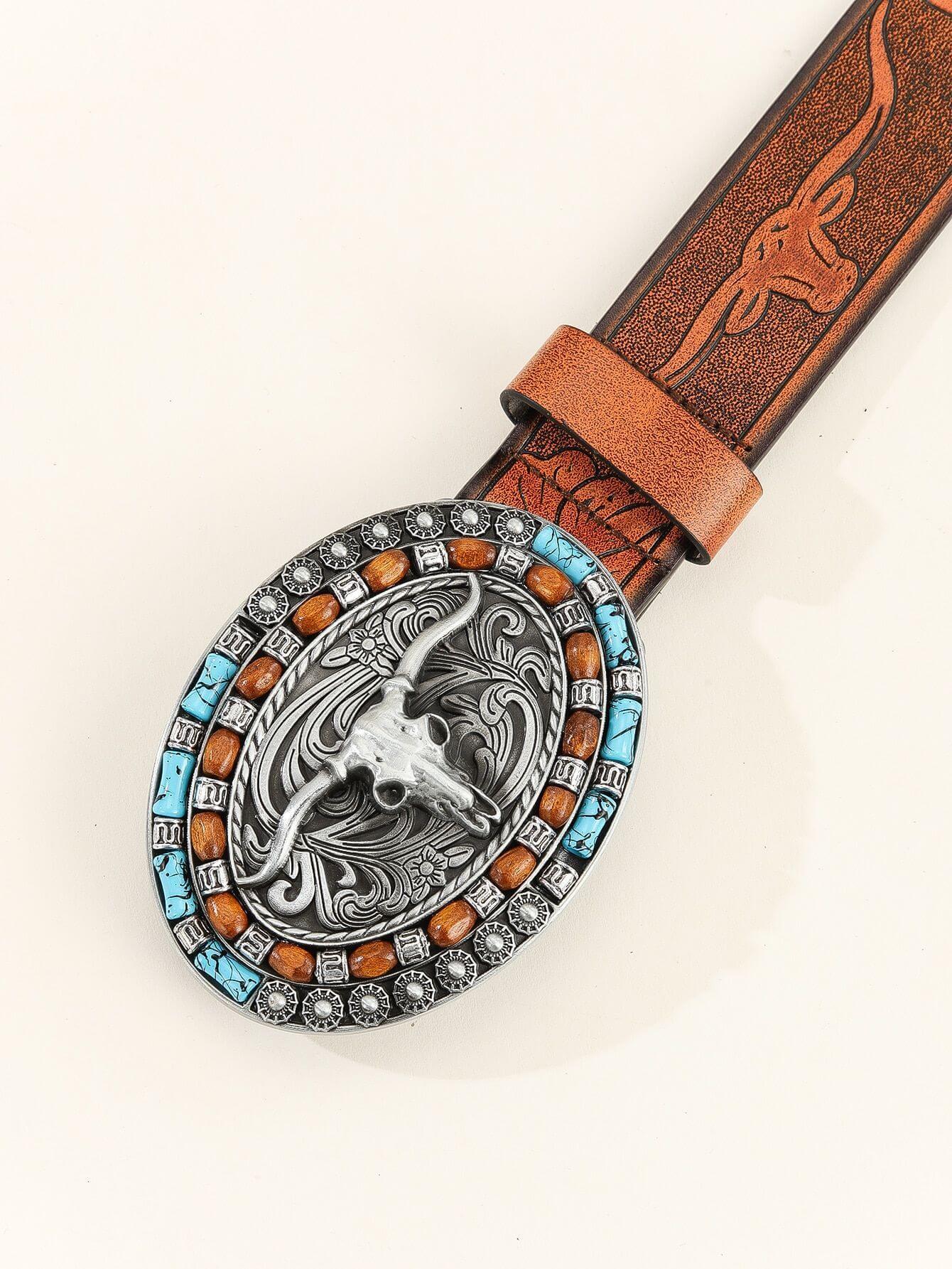 Vintage Cowboy Belt featuring intricately designed silver buckle with turquoise and orange accents.