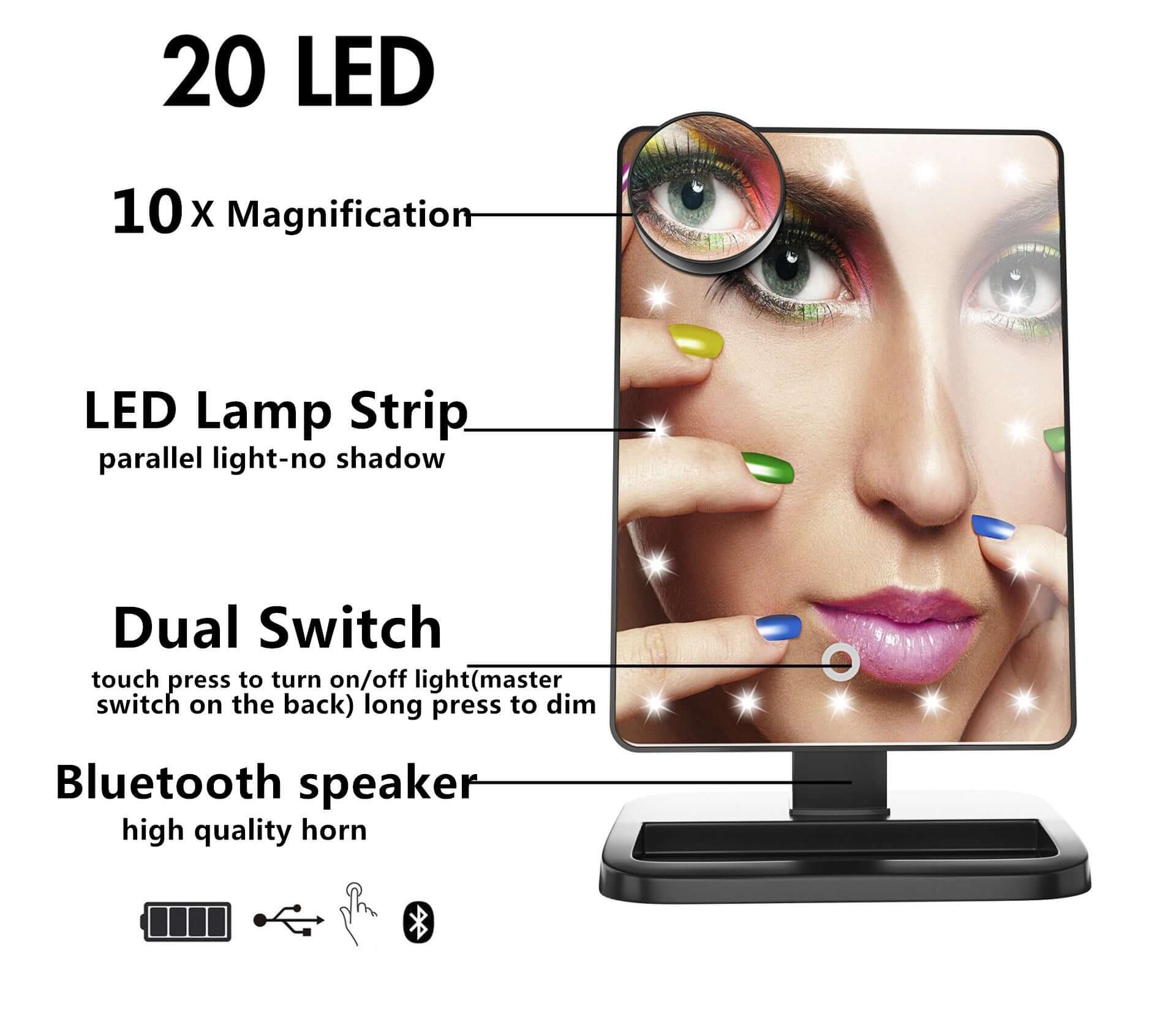 Touch Screen Vanity Mirror with 20 LED lights, 10X magnification, dual switches, and Bluetooth speaker functionality.