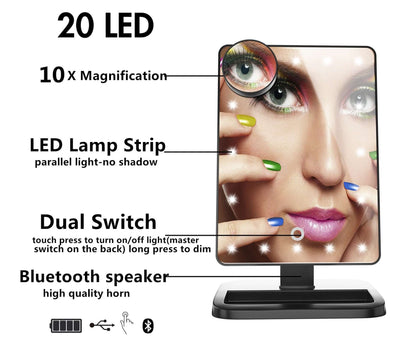 Touch Screen Vanity Mirror with 20 LED lights, 10X magnification, dual switches, and Bluetooth speaker functionality.