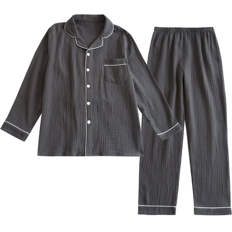 Alt Tag: "Gray Male Pajama Set, Double-Layer Gauze Fabric, Ideal for Spring and Autumn Comfort and Style"