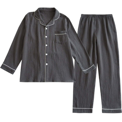 Alt Tag: "Gray Male Pajama Set, Double-Layer Gauze Fabric, Ideal for Spring and Autumn Comfort and Style"
