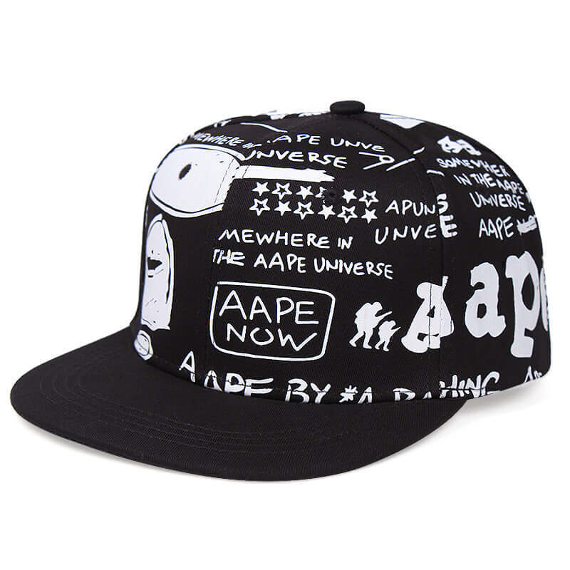 Ape Style Flat Brim Cap with black and white graphic design, perfect for trendy outdoor adventures and fashion statements.