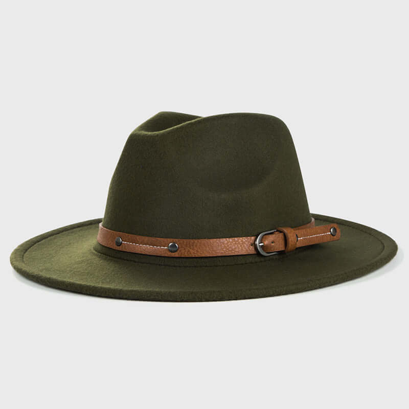 Army Green Wide Brim Hat with leather accent, crafted from quality wool for a stylish and durable look.