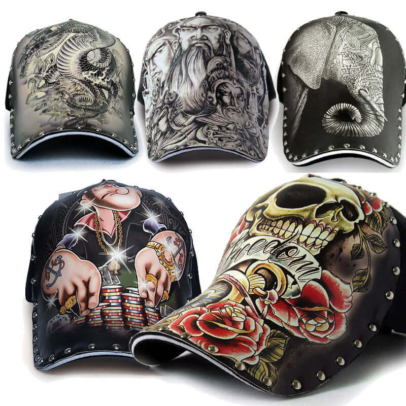Assorted stylish baseball caps with intricate designs, perfect for elevating casual outfits. Available in multiple artistic styles.