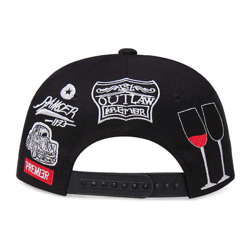 Back view of Ape Style Flat Brim Cap with embroidered designs, showcasing its trendy and versatile look for outdoor adventures.