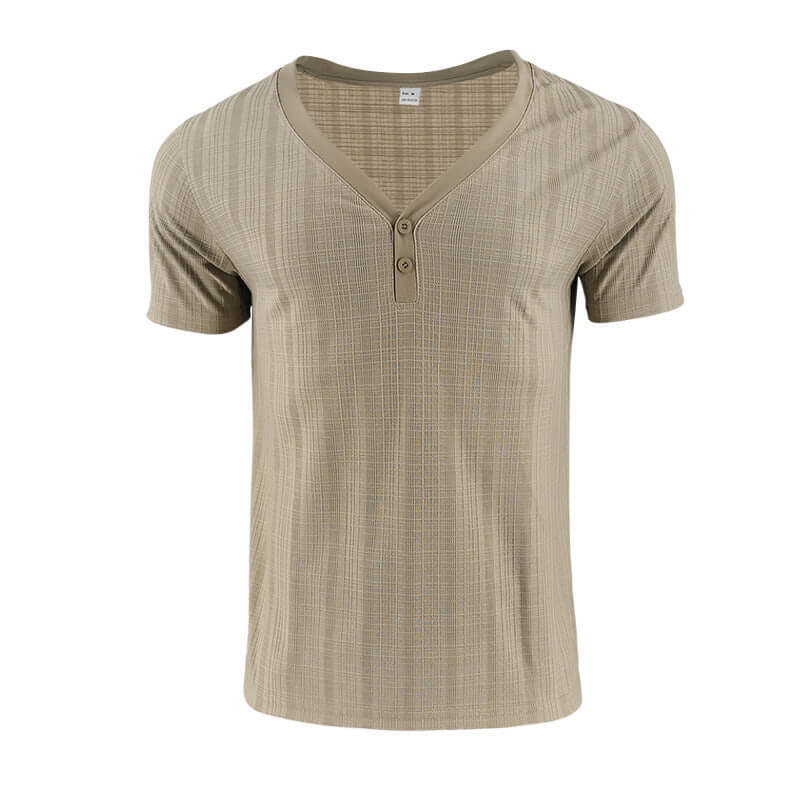 Beige V Neck Loose T-Shirt featuring buttons and soft fabric, perfect blend of comfort and casual style for any wardrobe.