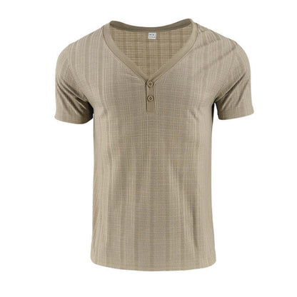 Beige V Neck Loose T-Shirt featuring buttons and soft fabric, perfect blend of comfort and casual style for any wardrobe.