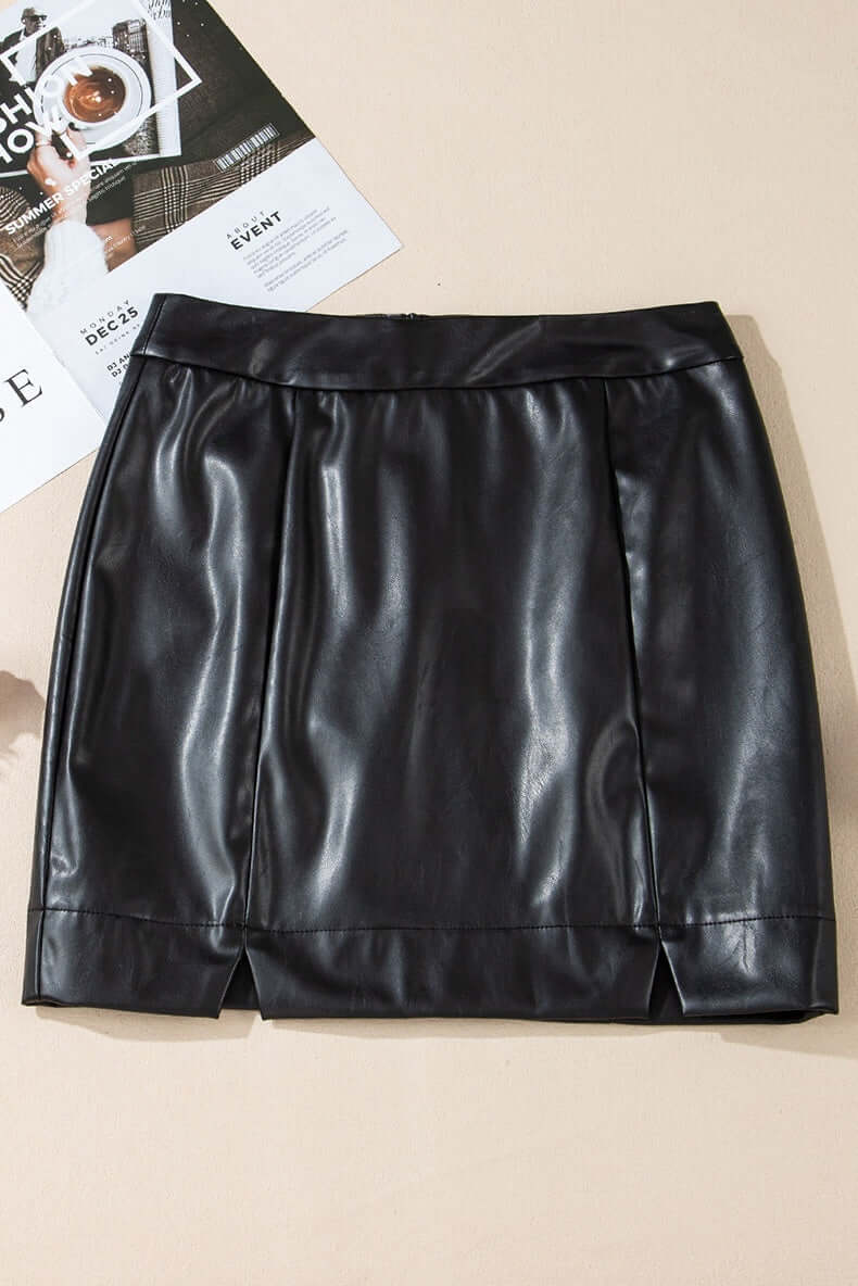 Black PU short skirt with slits, solid color, stylish and durable, perfect for casual and formal outfits, SKU: Short Skirt with Slits
