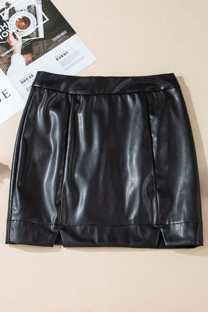 Black PU short skirt with slits, solid color, stylish and durable, perfect for casual and formal outfits, SKU: Short Skirt with Slits