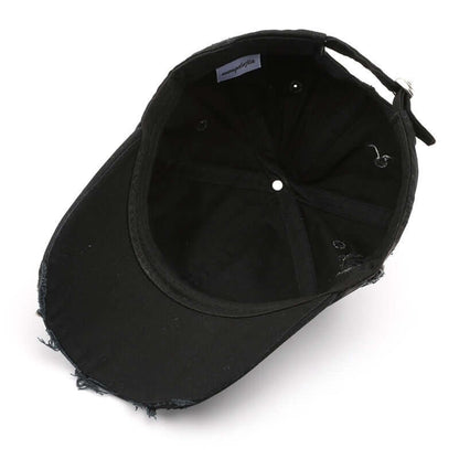 Black Worn Out Cap with distressed detailing, top view showcasing interior design and adjustable strap.