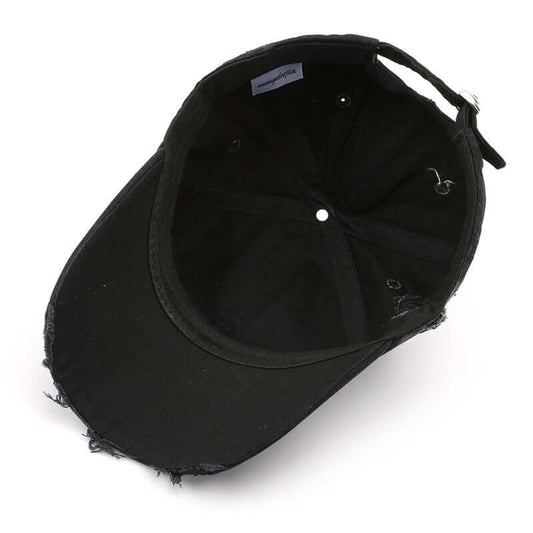 Black Worn Out Cap with distressed detailing, top view showcasing interior design and adjustable strap.