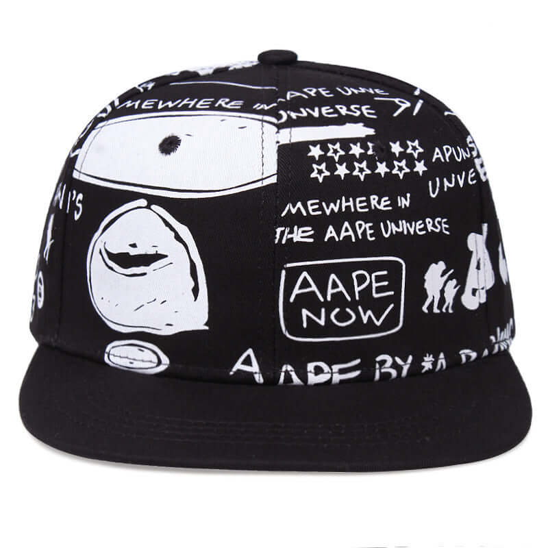 Black and white Ape Style Flat Brim Cap with graphic text and unique design, perfect for modern fashion enthusiasts and outdoor activities.