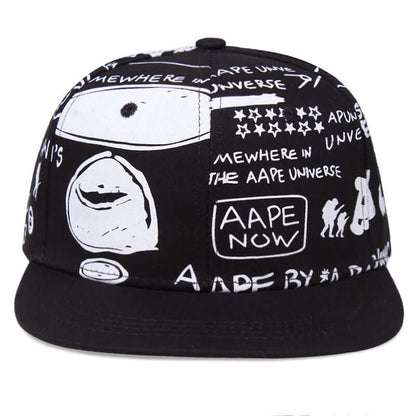 Black and white Ape Style Flat Brim Cap with graphic text and unique design, perfect for modern fashion enthusiasts and outdoor activities.