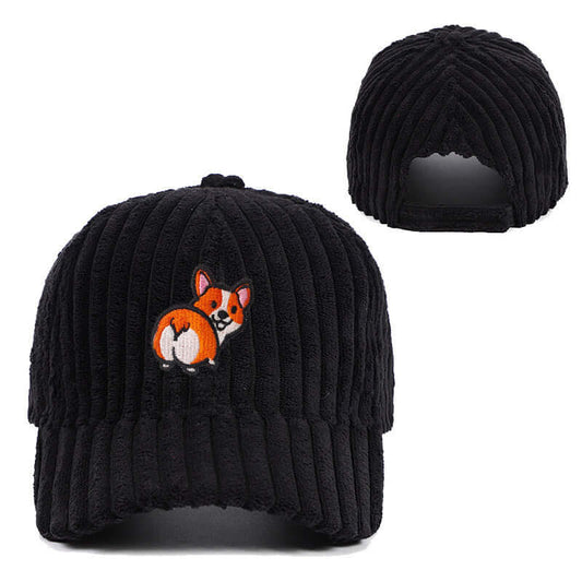 Black corduroy hat with embroidered corgi design, stylish accessory for comfort and warmth.