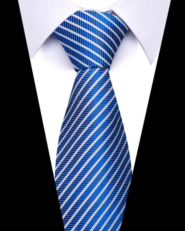 Blue Business Professional Tie with white stripes, perfect for enhancing formal attire; ideal for meetings and networking events.