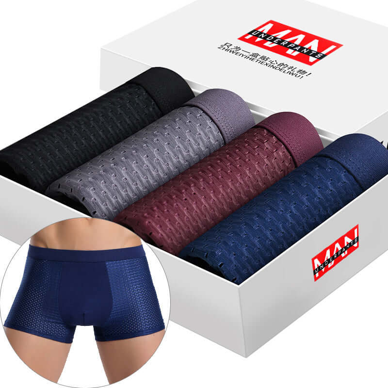 Boxer Briefs Pack in assorted colors with ice silk fabric, showcasing high-quality polyester and spandex blend for modern men's comfort.