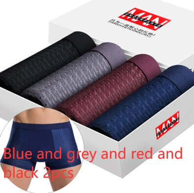 Boxer Briefs Pack with four pairs in black, gray, red, and blue, made of ice silk fabric for comfort and breathability.