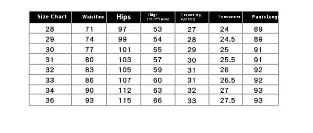 Size chart for Business Casual Bottoms displaying waistline, hips, thigh circumference, and pants length measurements.