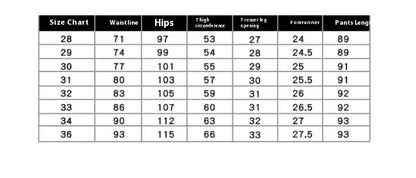Size chart for Business Casual Bottoms displaying waistline, hips, thigh circumference, and pants length measurements.