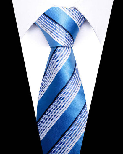Business Professional Tie in blue with white stripes, ideal for elevating business attire at meetings or networking events.