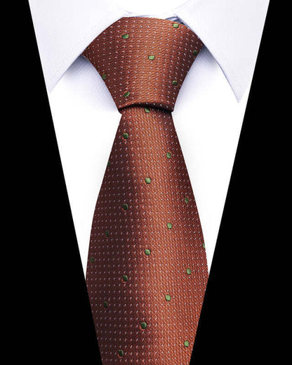 Business Professional Tie in brown with subtle green polka dots, perfect for enhancing your corporate attire and style elegance.