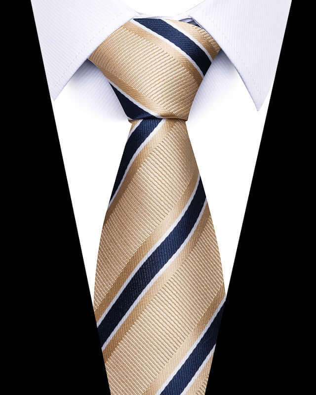 Business Professional Tie in gold and navy stripes on white shirt, perfect for enhancing formal attire.