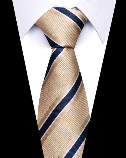 Business Professional Tie in gold and navy stripes on white shirt, perfect for enhancing formal attire.