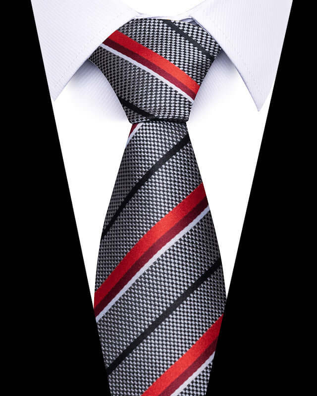 Business Professional Tie with elegant black, red, and white stripes, perfect for elevating business attire.