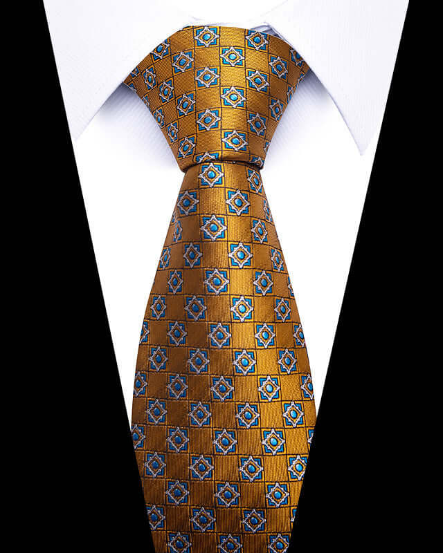 Business Professional Tie with geometric pattern in gold and blue, perfect for elevating professional attire and style.