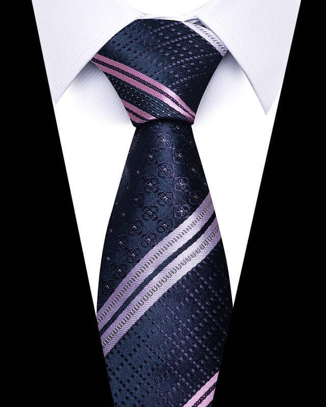 Business Professional Tie with pink and silver stripes on a dark background, perfect for meetings and networking events.