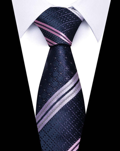 Business Professional Tie with pink and silver stripes on a dark background, perfect for meetings and networking events.
