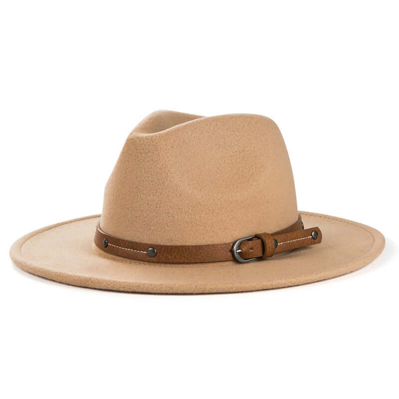 Camel wide brim hat made from high-quality woolen material with leather strap, showcasing a blend of comfort and luxurious aesthetics.