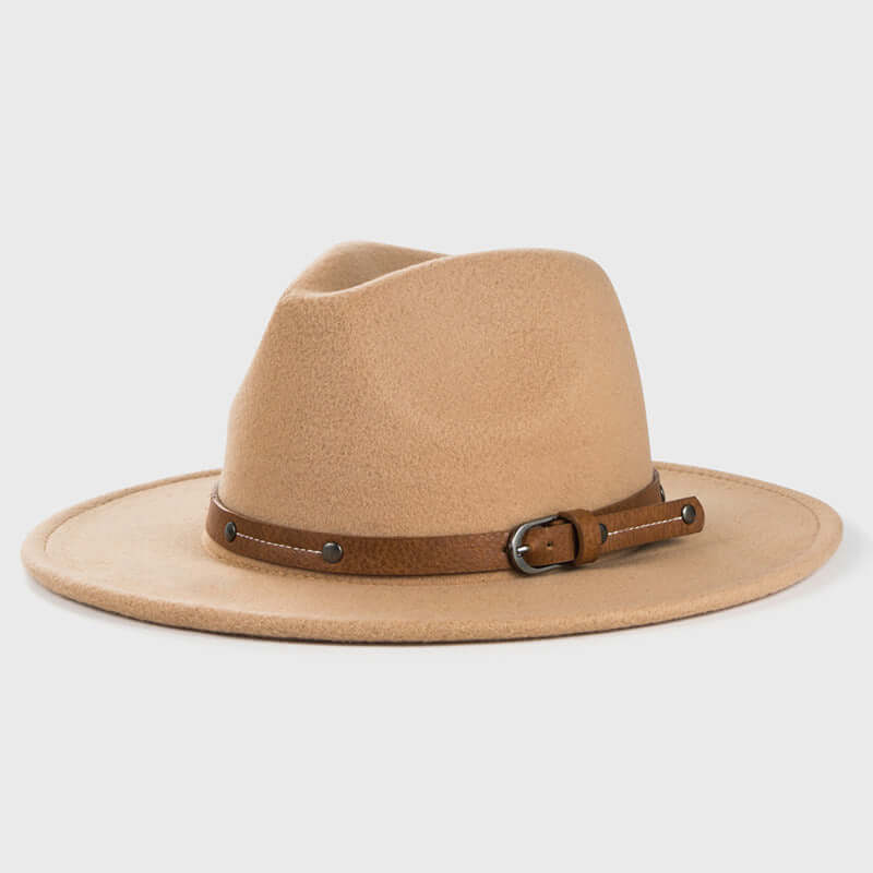 Camel woolen wide brim hat with leather strap, crafted with satin processing for durability and style.