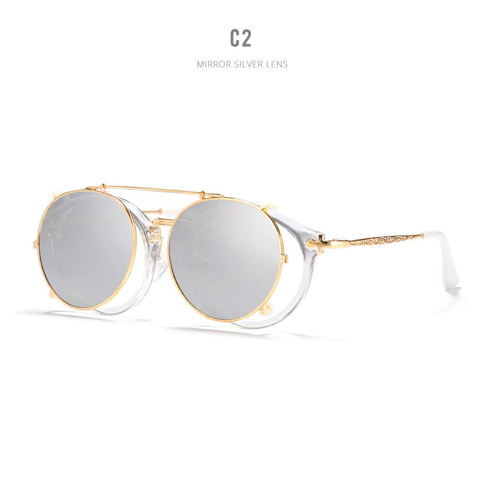 Chic metallic sunglasses with mirror silver lenses and gold-tone frame, perfect for stylish women seeking elegance and durability.
