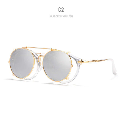 Chic metallic sunglasses with mirror silver lenses and gold-tone frame, perfect for stylish women seeking elegance and durability.