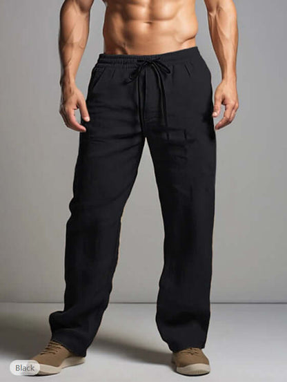 Classic black linen trousers showcasing comfort and style, ideal for summer and casual outings.