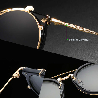 Close-up of elegant metallic sunglasses featuring exquisite carvings on the arms, ideal for stylish women seeking sophistication.