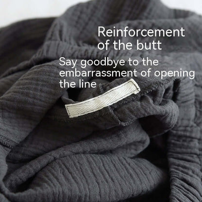 Close-up of reinforced stitching on male pajama for durability, crafted from soft, thin double-layer gauze fabric.