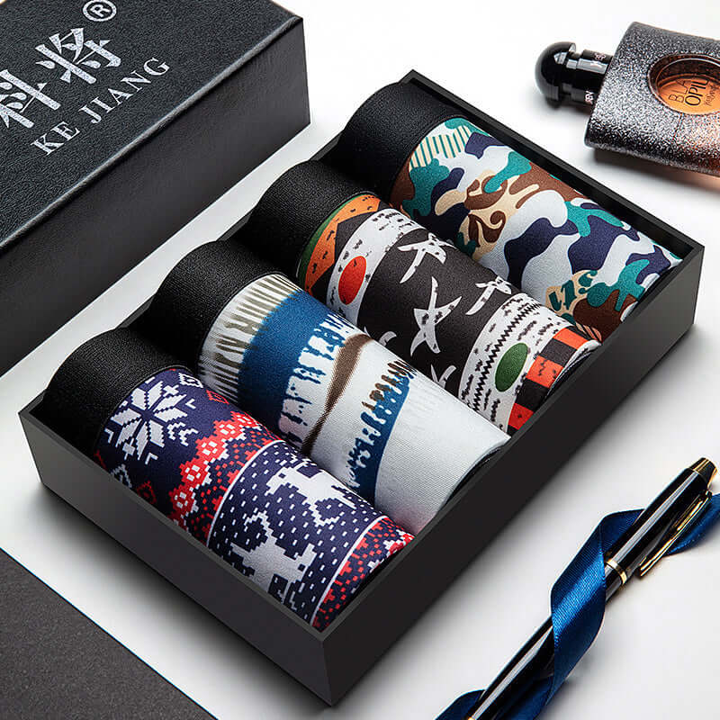 Colorful Trendy Men Underwear Pack in gift box, featuring unique patterns, perfect for fashion-conscious men seeking comfort and style.