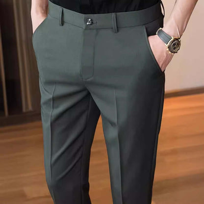 Comfortable business casual bottoms in dark fabric, ideal for stylish office wear, highlighting comfort and style.