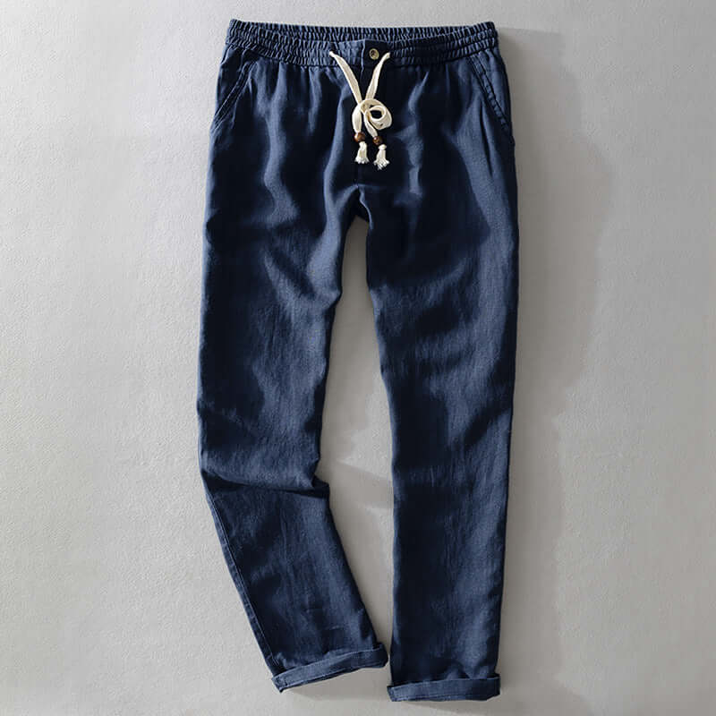 Dark blue soft linen trousers for men, perfect blend of style and comfort, ideal for casual and semi-formal events.