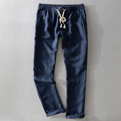 Dark blue soft linen trousers for men, perfect blend of style and comfort, ideal for casual and semi-formal events.