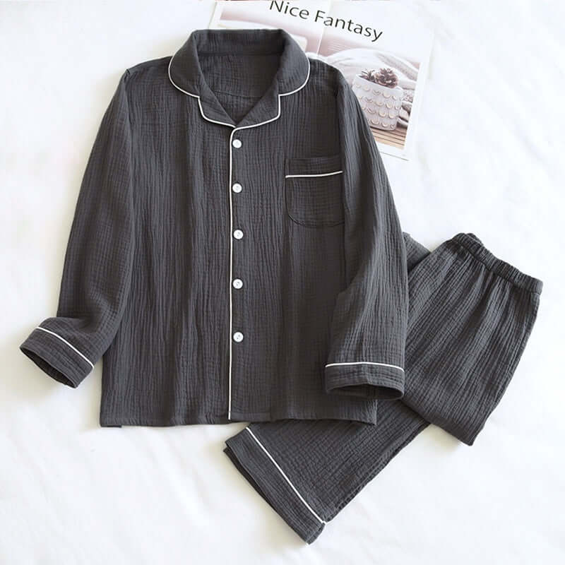 Dark gray male pajama set made from soft double-layer gauze fabric, ideal for spring and autumn comfort.