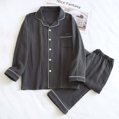 Dark gray male pajama set made from soft double-layer gauze fabric, ideal for spring and autumn comfort.